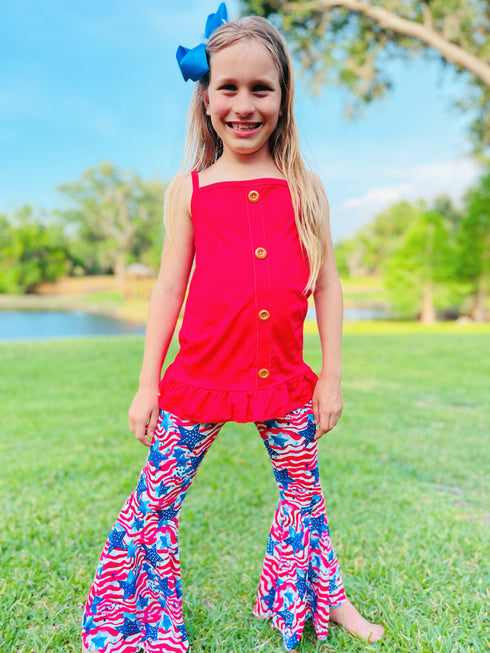 Bowtism Girls July 4th Flag Flare Pants Set with Matching Bow - Bowtism
